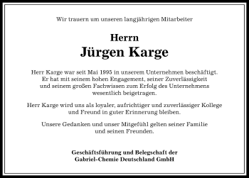 Traueranzeige von Jürgen Karge von Allgäuer Anzeigeblatt