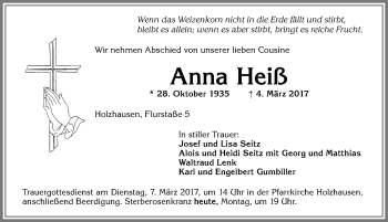 Traueranzeige von Anna Heiß von Allgäuer Zeitung