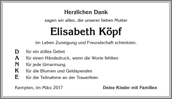 Traueranzeige von Elisabeth Köpf von Allgäuer Zeitung,Kempten