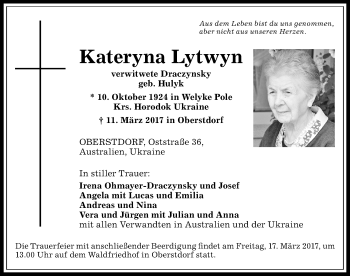 Traueranzeige von Kateryna Lytwyn von Allgäuer Anzeigeblatt