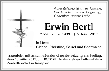 Traueranzeige von Erwin Bertl von Allgäuer Zeitung,Kempten