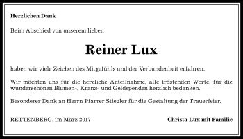 Traueranzeige von Reiner Lux von Allgäuer Anzeigeblatt