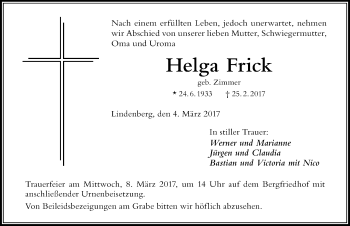 Traueranzeige von Helga Frick von Der Westallgäuer