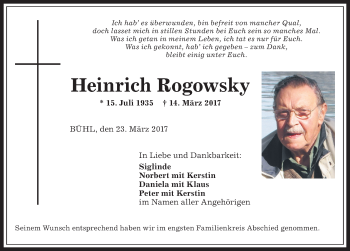 Traueranzeige von Heinrich Rogowsky von Allgäuer Anzeigeblatt