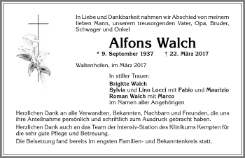 Traueranzeige von Alfons Walch von Allgäuer Zeitung,Kempten