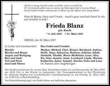 Traueranzeige von Frieda Blanz von Allgäuer Anzeigeblatt