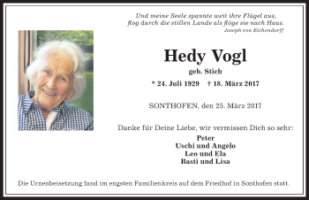Traueranzeige von Hedy Vogl von Allgäuer Anzeigeblatt