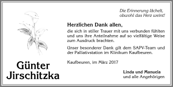Traueranzeige von Günter Jirschitzka von Allgäuer Zeitung, Kaufbeuren/Buchloe