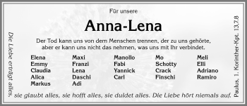 Traueranzeige von Anna-Lena  von Allgäuer Zeitung, Kaufbeuren/Buchloe