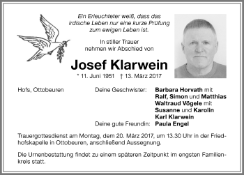 Traueranzeige von Josef Klarwein von Memminger Zeitung