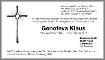 Traueranzeige von Genofeva Klaus von Memminger Zeitung