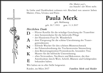 Traueranzeige von Paula Merk von Der Westallgäuer