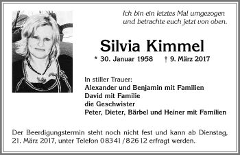 Traueranzeige von Silvia Kimmel von Allgäuer Zeitung, Kaufbeuren/Buchloe