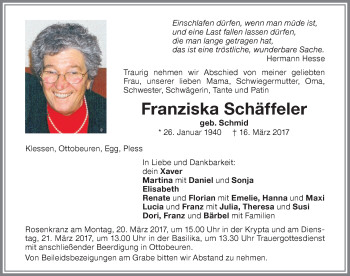 Traueranzeige von Franziska Schäffeler von Memminger Zeitung
