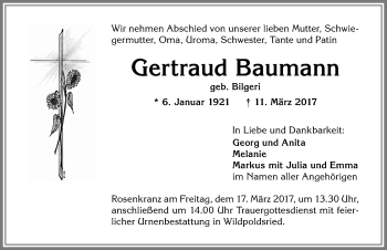 Traueranzeige von Gertraud Baumann von Allgäuer Zeitung,Kempten