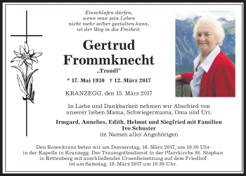 Traueranzeige von Gertrud Frommknecht von Allgäuer Anzeigeblatt