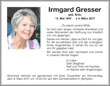 Traueranzeige von Irmgard Gresser von Allgäuer Zeitung,Kempten