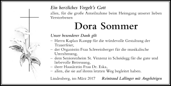 Traueranzeige von Dora Sommer von Der Westallgäuer