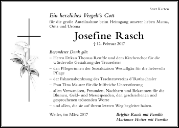 Traueranzeige von Josefine Rasch von Der Westallgäuer