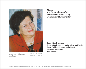 Traueranzeige von Isolde Helene Brügelmeir von Memminger Zeitung
