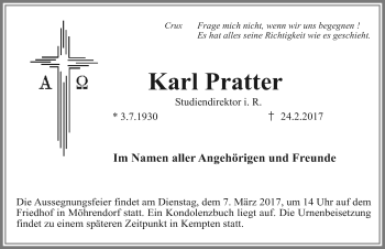 Traueranzeige von Karl Pratter von Allgäuer Zeitung,Kempten
