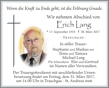 Traueranzeige von Erich Lang von Allgäuer Zeitung, Füssen