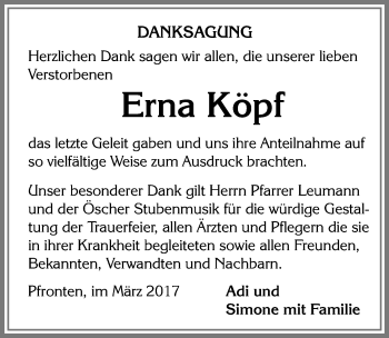 Traueranzeige von Erna Köpf von Allgäuer Zeitung, Füssen