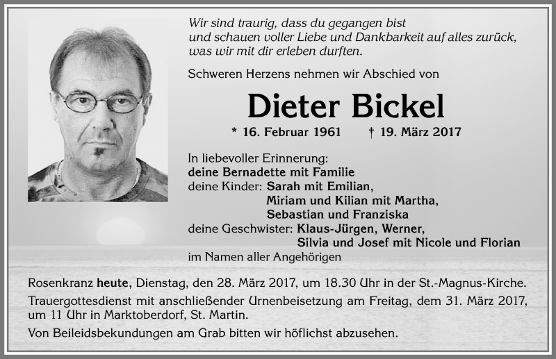  Traueranzeige für Dieter Bickel vom 28.03.2017 aus Allgäuer Zeitung, Marktoberdorf