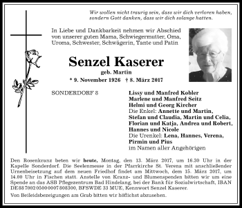 Traueranzeige von Senzel Kaserer von Allgäuer Anzeigeblatt