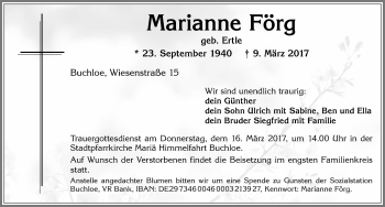 Traueranzeige von Marianne Förg von Allgäuer Zeitung, Kaufbeuren/Buchloe