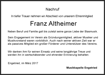Traueranzeige von Franz Altheimer von Memminger Zeitung
