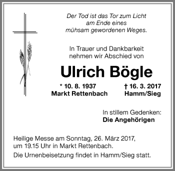 Traueranzeige von Ulrich Bögle von Memminger Zeitung