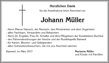 Traueranzeige von Johann Müller von Allgäuer Zeitung, Kaufbeuren/Buchloe