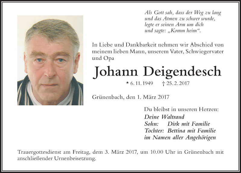  Traueranzeige für Johann Deigendesch vom 01.03.2017 aus Der Westallgäuer