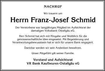 Traueranzeige von Franz-Josef Schmid von Allgäuer Zeitung, Marktoberdorf