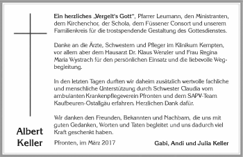 Traueranzeige von Albert Keller von Allgäuer Zeitung, Füssen