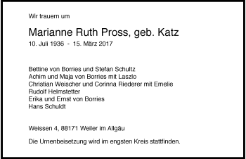 Traueranzeige von Marianne Ruth Pross von Der Westallgäuer