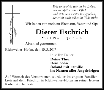 Traueranzeige von Dieter Eschrich von Allgäuer Zeitung,Kempten