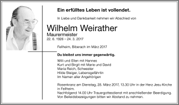 Traueranzeige von Wilhelm Weirather von Memminger Zeitung