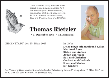 Traueranzeige von Thomas Rietzler von Allgäuer Anzeigeblatt