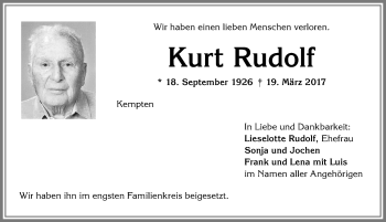 Traueranzeige von Kurt Rudolf von Allgäuer Zeitung,Kempten