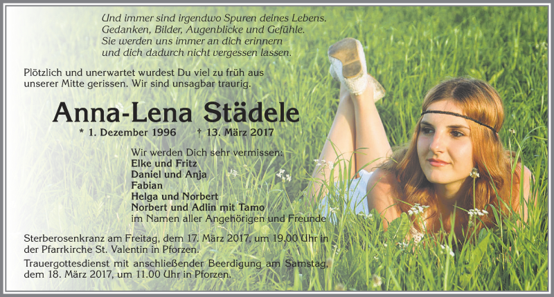  Traueranzeige für Anna-Lena Städele vom 17.03.2017 aus Allgäuer Zeitung, Kaufbeuren/Buchloe