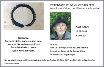Traueranzeige von Kurt Böhm von Allgäuer Zeitung, Kaufbeuren/Buchloe