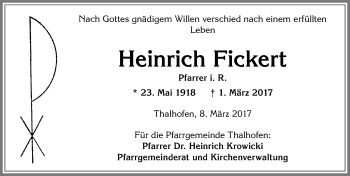 Traueranzeige von Heinrich Fickert von Allgäuer Zeitung, Marktoberdorf