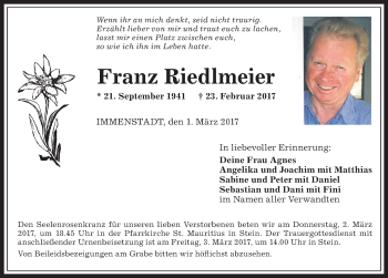 Traueranzeige von Franz Riedlmeier von Allgäuer Anzeigeblatt