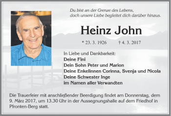 Traueranzeige von Heinz John von Allgäuer Zeitung, Füssen