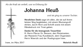 Traueranzeige von Johanna Heuß von Allgäuer Zeitung, Kaufbeuren/Buchloe