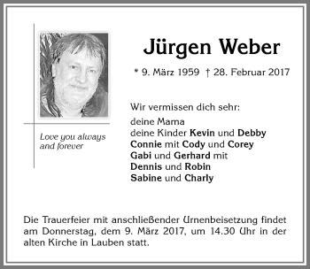 Traueranzeige von Jürgen Weber von Allgäuer Zeitung,Kempten