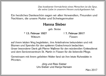 Traueranzeige von Hanna Sieber von Allgäuer Zeitung, Füssen