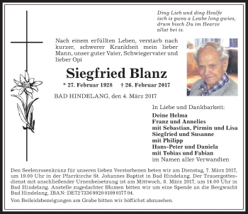 Traueranzeige von Siegfried Blanz von Allgäuer Anzeigeblatt